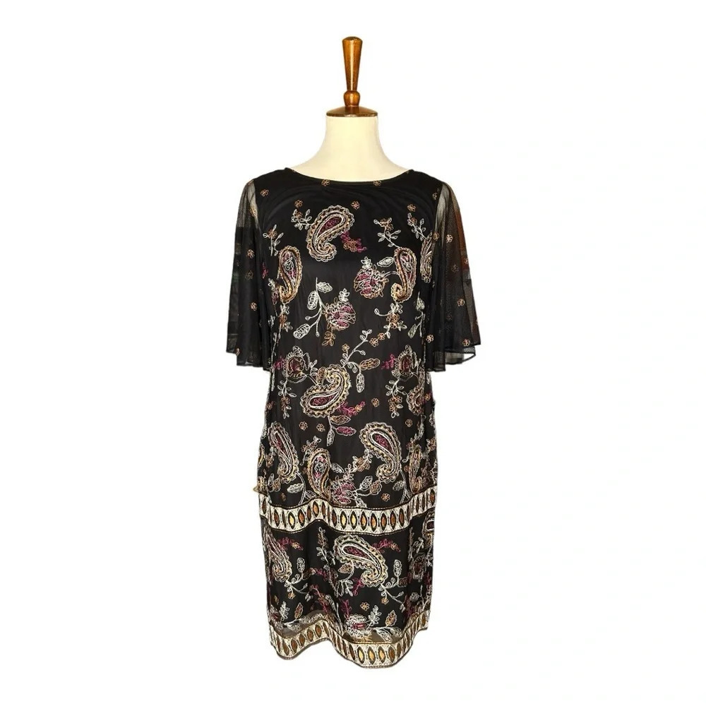 Adrianna Papell Black Embroidered Sheath Dress Size 6